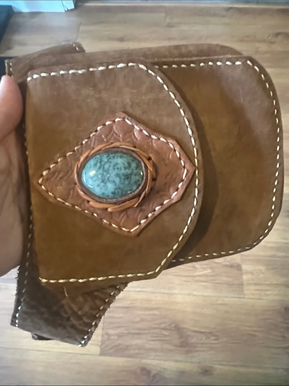 Handcrafted Brown Leather Belt Bag with Gem Accent